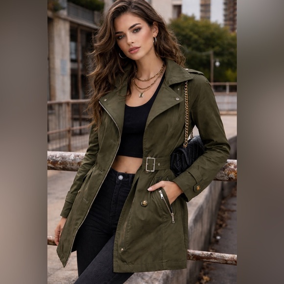 Michael Kors Jackets & Blazers - Michael Kors Belted Rain Trench Coat Removable Lining Hood Olive Green Size PXS